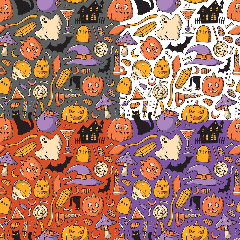 uppsättning av 4 isolerade halloween sömlösa mönster med doodles. bra för omslagspapper, barnkläder, textiltryck, scrapbooking, digitalt papper, tapeter, stationärt etc. eps 10 vektor