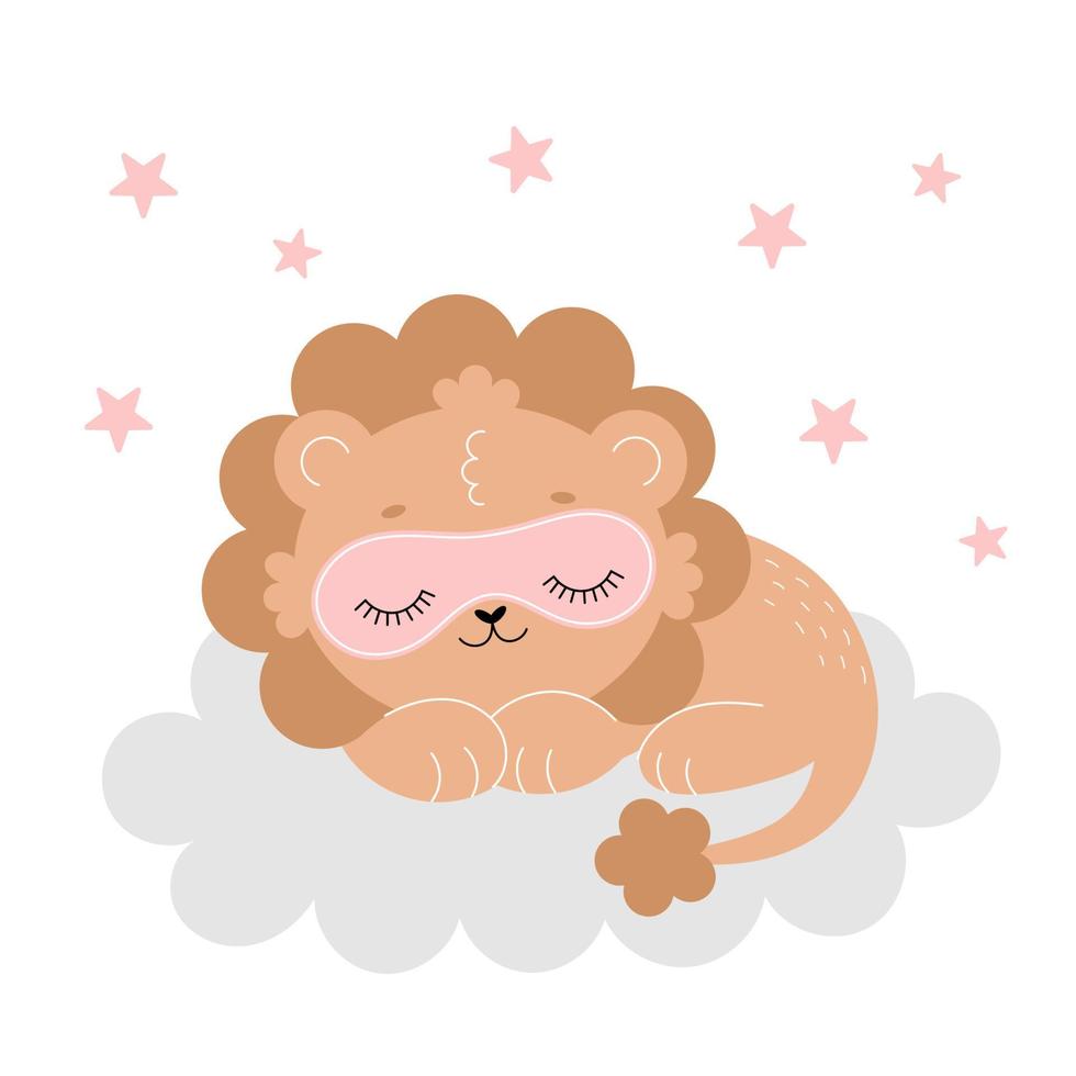 Ein süßer Löwe schläft auf einer Wolke und trägt eine Schlafmaske. Poster für das Kinderzimmer, Postkarte, Kinderzimmerdekoration. kinderillustration in einem einfachen flachen stil. vektor