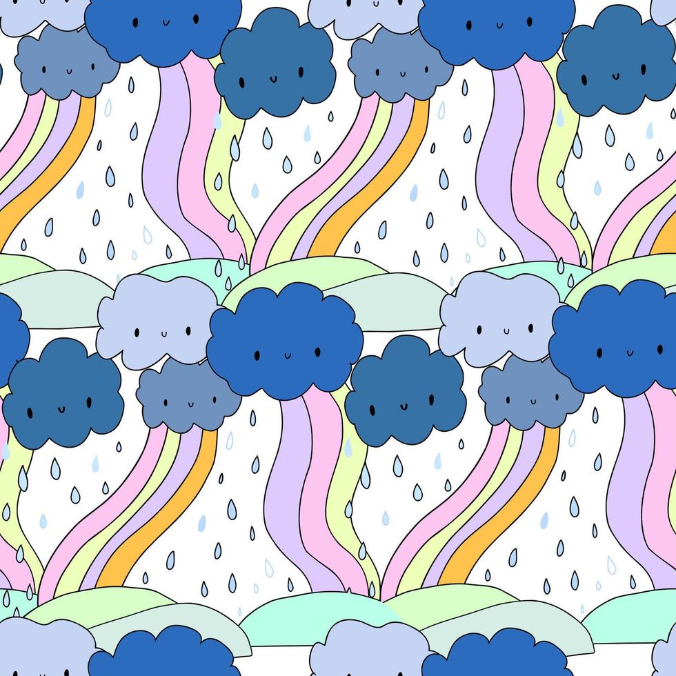 weißes Muster mit Wolken, Regen, Regenbogen. Kindertextilien. Scrapbookpapier für Kinder. vektor