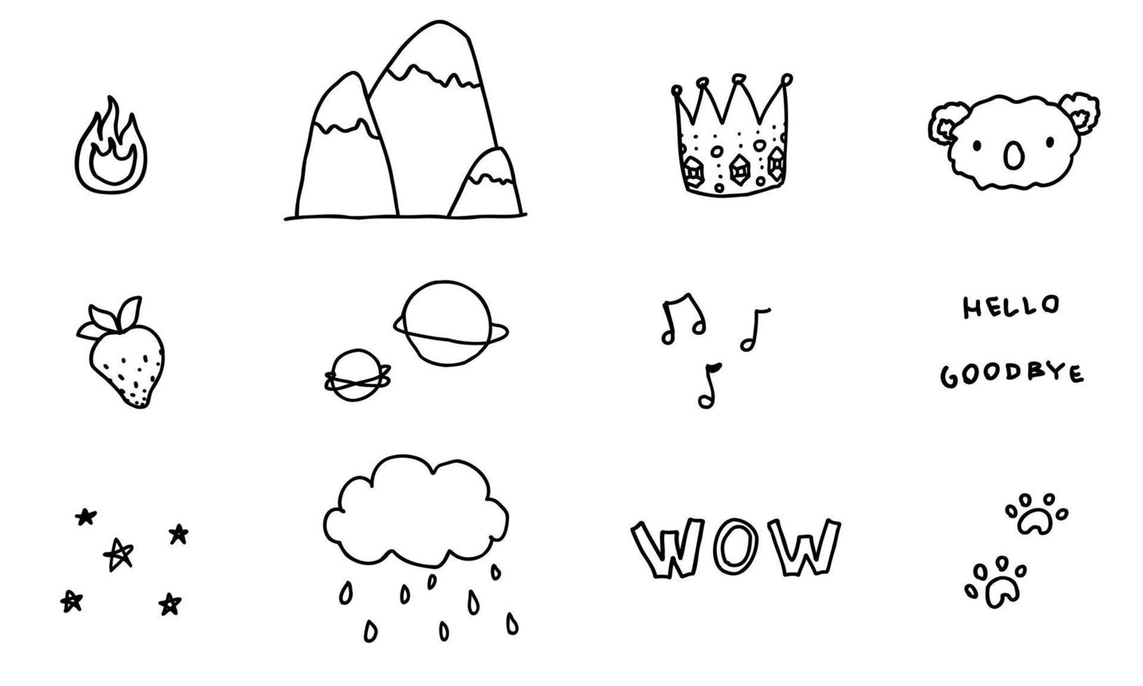 doodle natur, berg, djur, tassar, text. skiss set söt isolerad linje samling. vektor