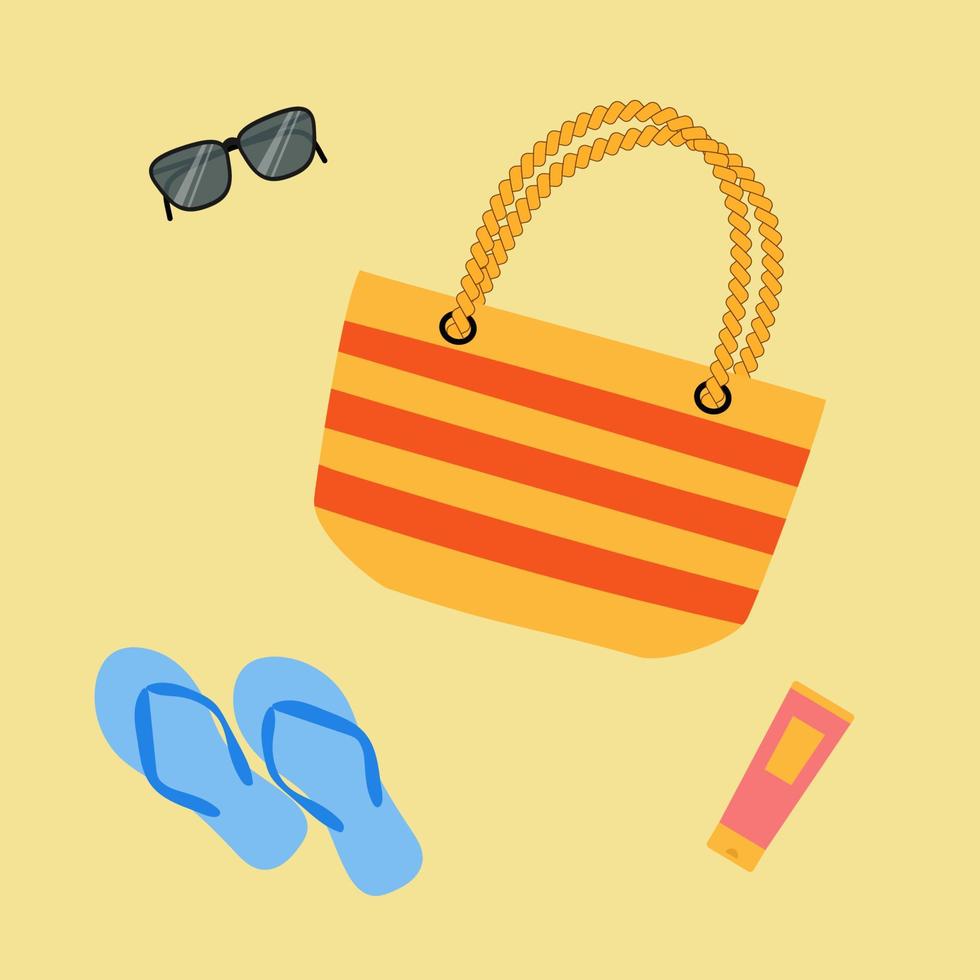 sommertasche, sonnenbrille, flipflops und sonnencreme auf sand. gut für Urlaubsposter, Einladung zur Strandparty, Sommerdesign. vektor