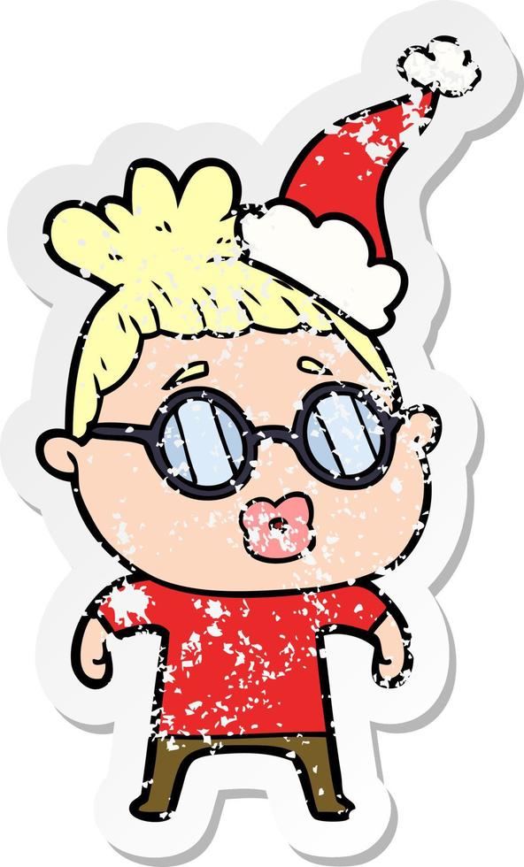 Distressed Sticker Cartoon einer Frau mit Brille und Weihnachtsmütze vektor