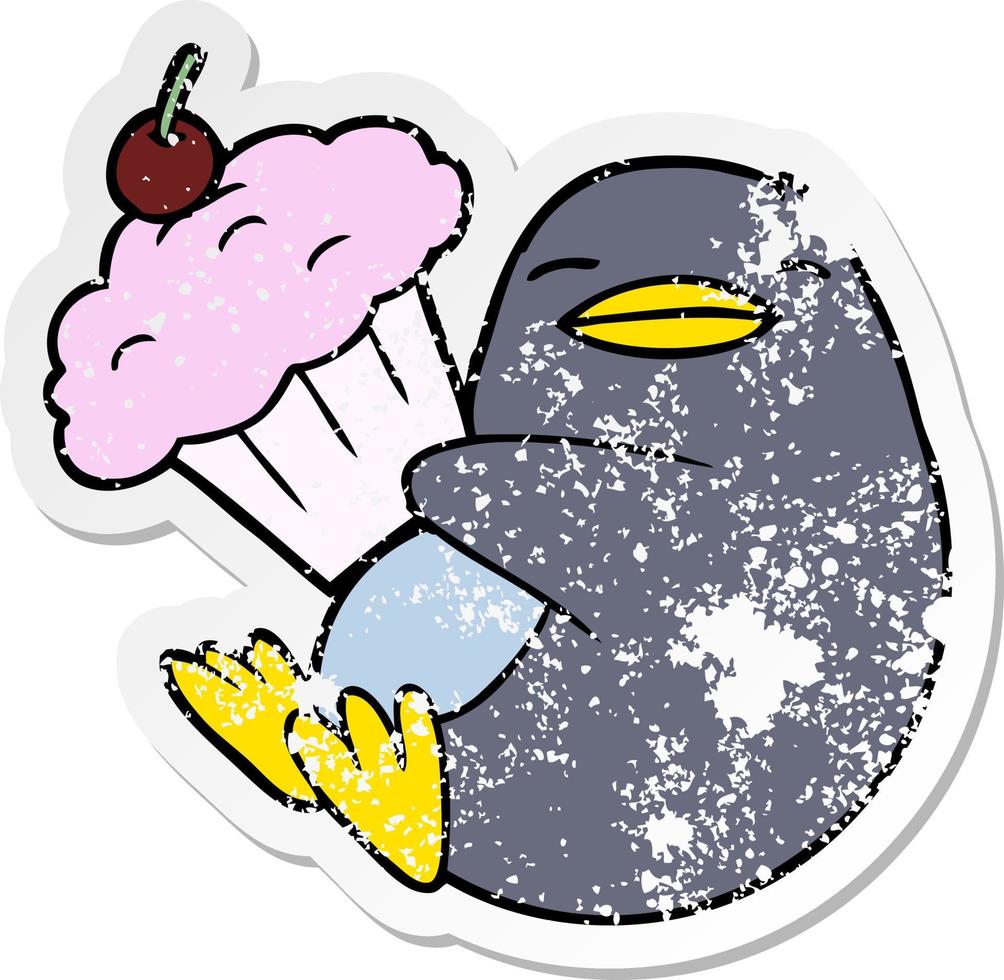 nödställda klistermärke av en tecknad pingvin med cupcake vektor