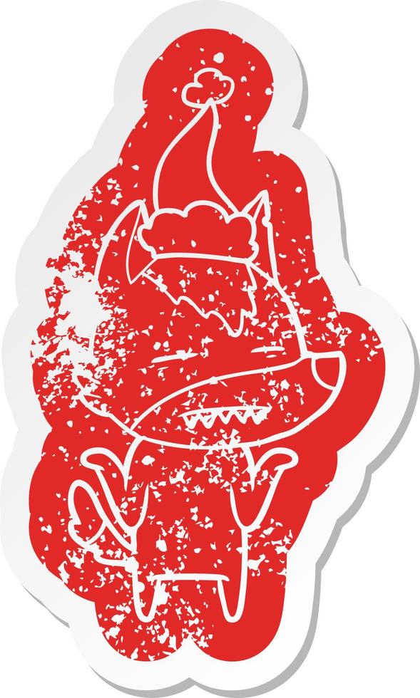 tecknad nödställd klistermärke av en varg som visar tänder som bär tomtehatt vektor