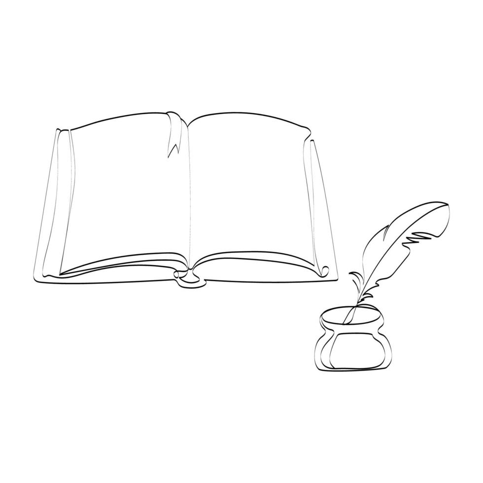öppen tom anteckningsbok, bok med gammal pennfjäder och svartvit skiss, vektorillustration. bok med tomma sidor minimal konstritning. handritat designelement vektor