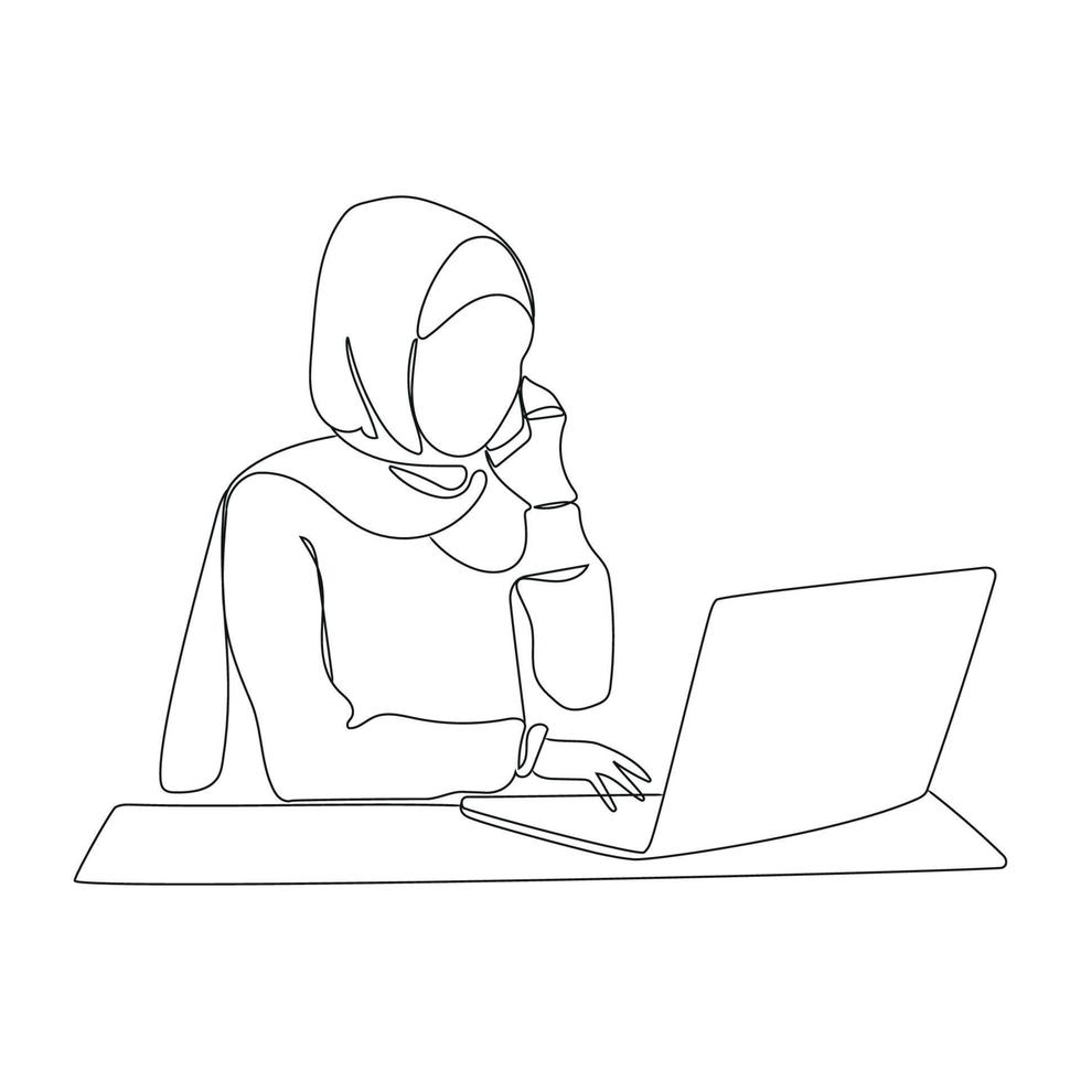 muslimische frau im hijab, die mit computer-laptop arbeitet und smartphone in der hand hält, geschäftsleute, vielfalt und bürokonzept. Kontinuierliche Linienzeichnung der muslimischen Geschäftsfrau, Vektorillustration vektor