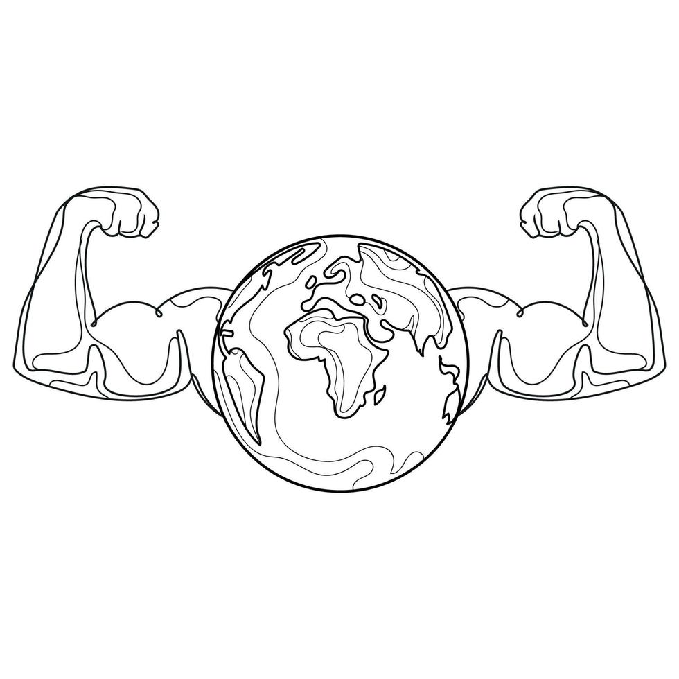 planet erde mit starken muskulösen armen linie kunstzeichnung im abstrakten stil, vektorillustration isoliert .strong earth concept.strong earth.planet bodybuilder.sports world.logo, emblem, icon design vektor