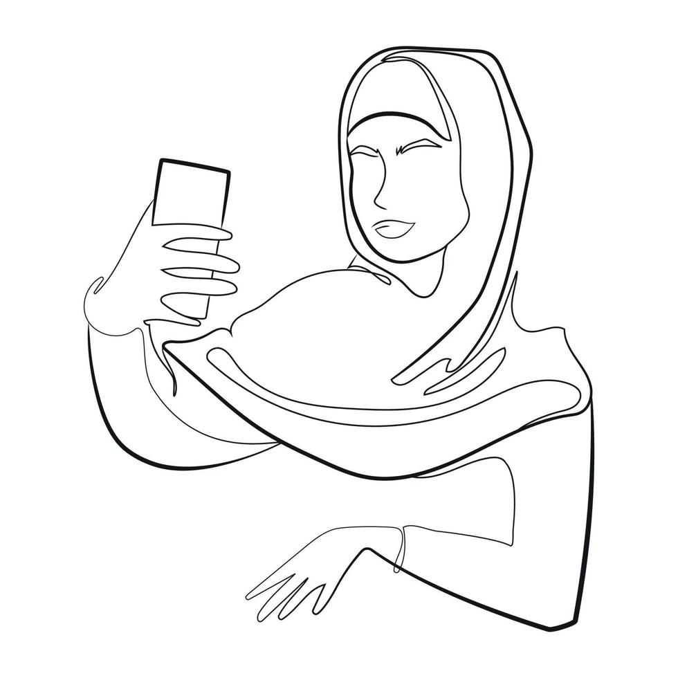modern muslimsk kvinna i hijab som tar selfie, kontinuerlig linjeteckning isolerad vektorillustration. Arabisk kvinna, flicka som håller smartphone, kommunicerar via videolänk, minimal konstteckning, svartvit skiss vektor