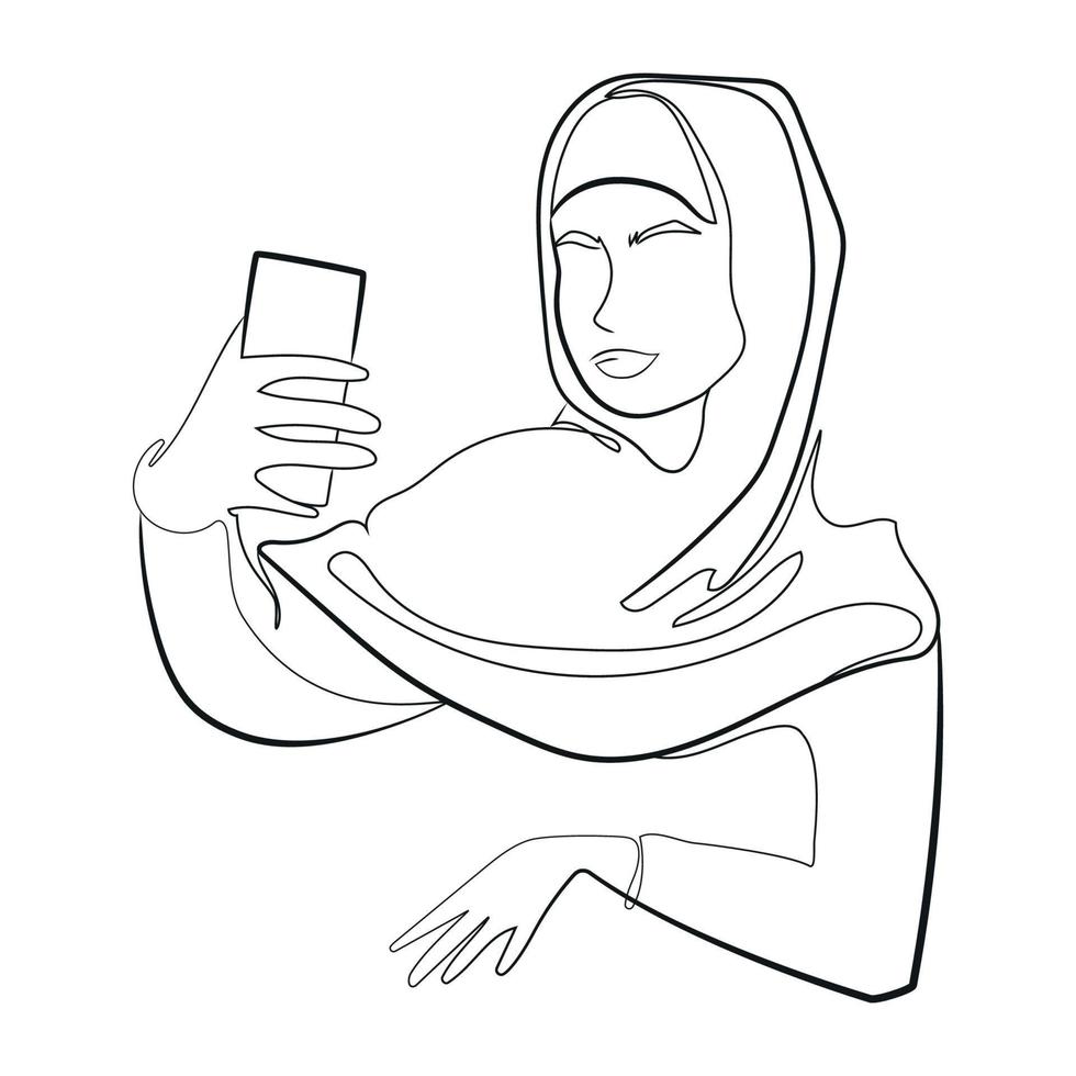 moderne muslimische frau im hijab unter selfie, durchgehende linienzeichnung isolierte vektorillustration. arabische frau, mädchen mit smartphone, kommuniziert per videolink, minimale kunstzeichnung, schwarz-weiß-skizze vektor