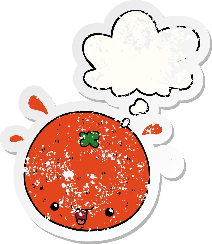 Cartoon-Orange und Gedankenblase als beunruhigter, abgenutzter Aufkleber vektor