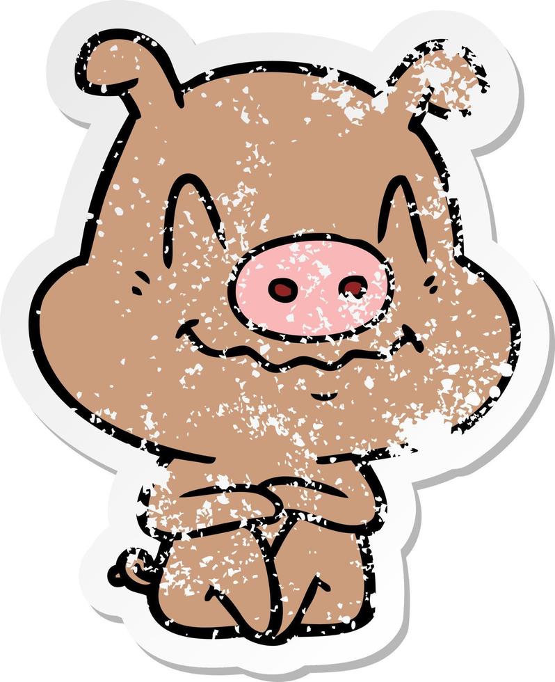 bedrövad klistermärke av en nervös tecknad gris som sitter vektor