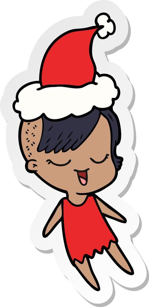 Fröhlicher Aufkleber-Cartoon eines Mädchens mit Weihnachtsmütze vektor