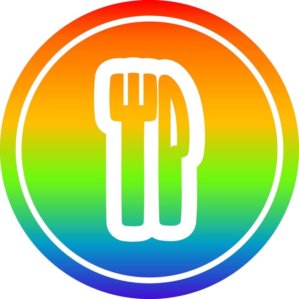 Messer und Gabel kreisförmig im Regenbogenspektrum vektor