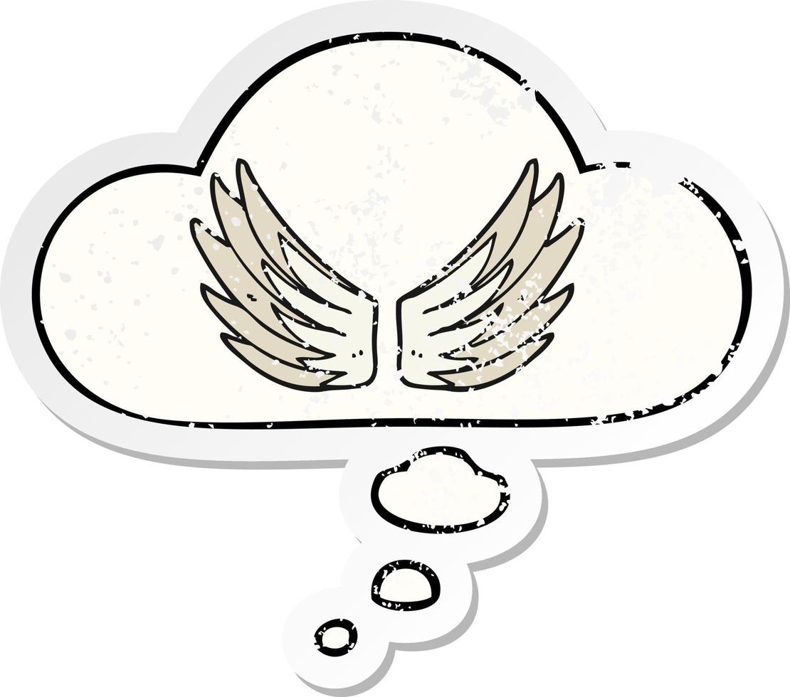 Cartoon-Flügel-Symbol und Gedankenblase als beunruhigter, abgenutzter Aufkleber vektor