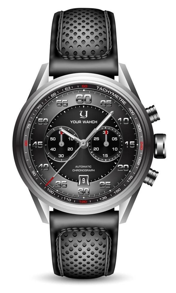 realistisk klocka sport kronograf svart silver rött stål för män lyx på vit bakgrund objekt vektor