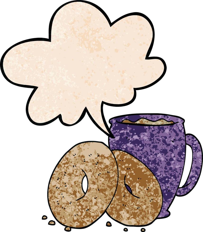 Cartoon-Kaffee und Donuts und Sprechblase im Retro-Textur-Stil vektor