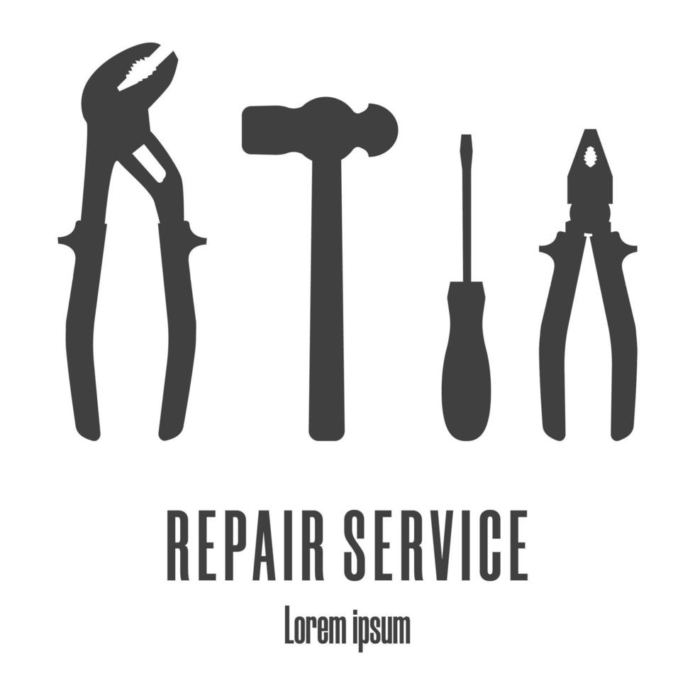 silhouettensymbole eines hammers, schraubendrehers, einer zange. Reparaturservice-Logo. saubere und moderne vektorillustration. vektor