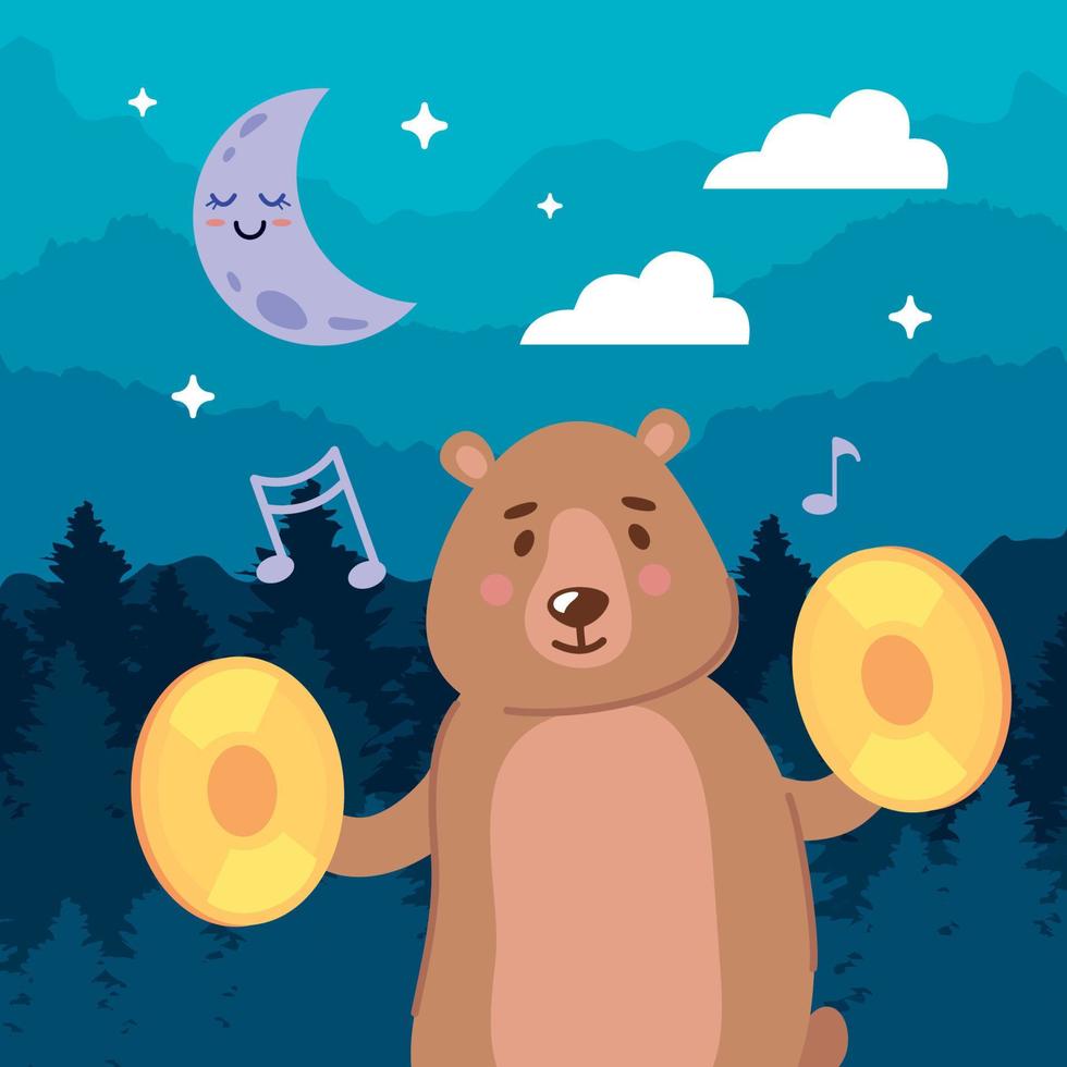 Bär, der nachts Becken spielt vektor