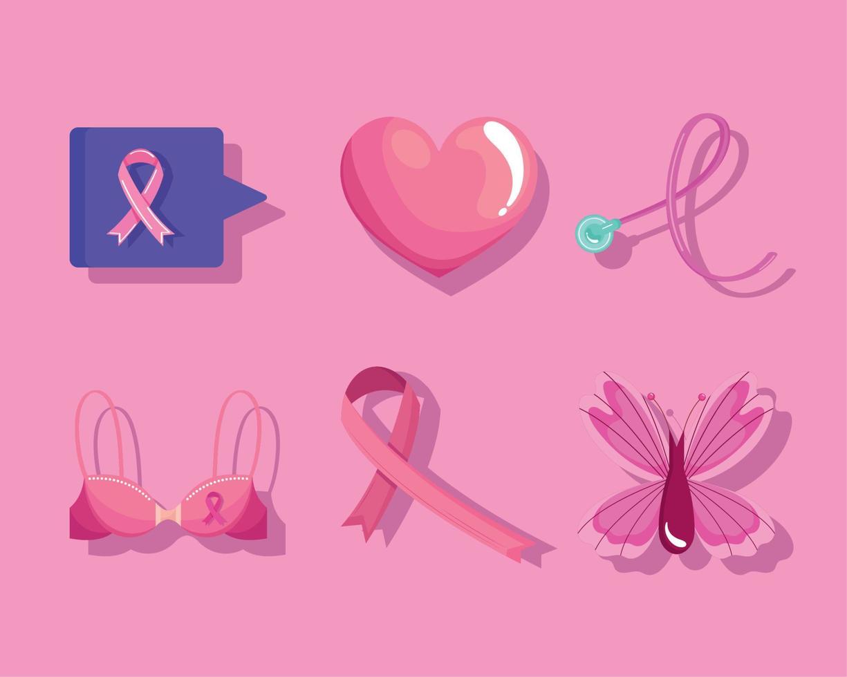 Sechs Ikonen zur Sensibilisierung für Brustkrebs vektor