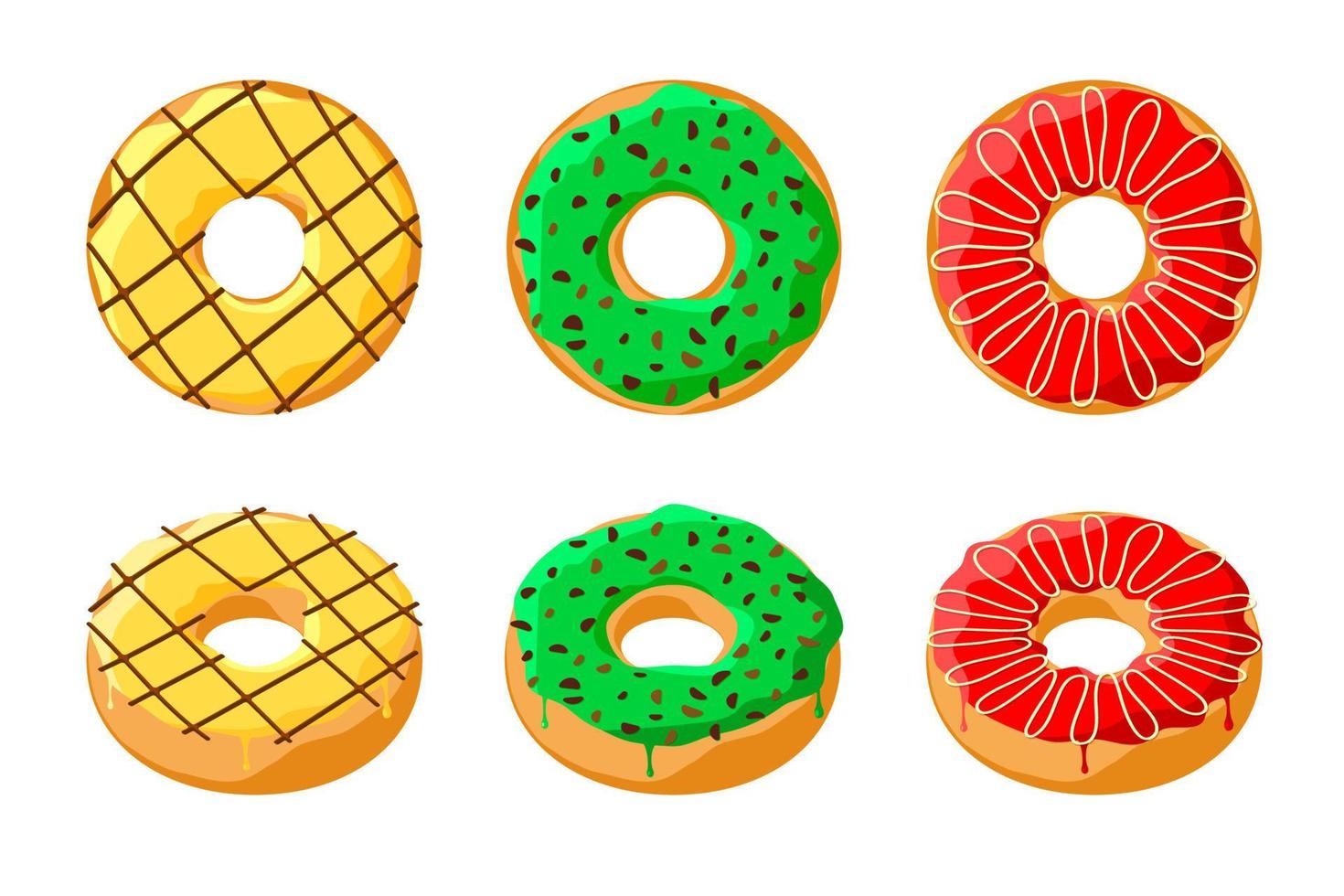 süße bunte leckere Donut-Set isoliert auf weißem Hintergrund. verglaste Donut-Draufsicht und 3D-Sammlung für Café-Dekoration oder Menüdesign. gelbgrüne und rote Gebäckbäckerei. Vektor-Eps-Illustration vektor