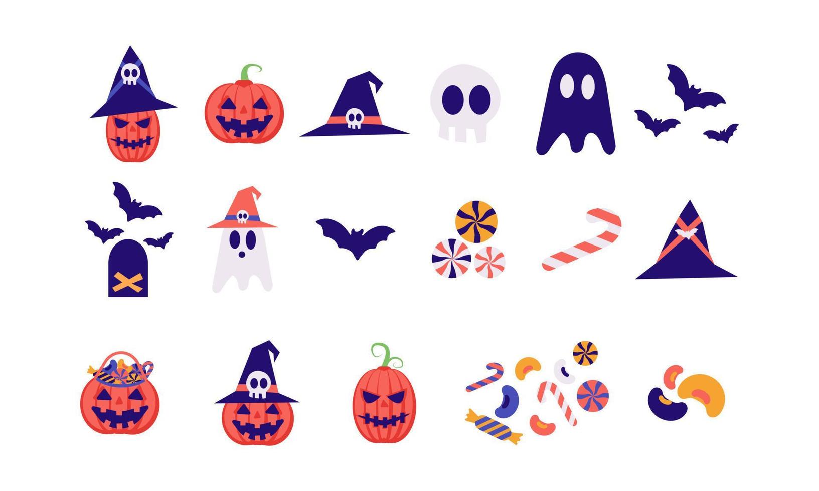 Halloween-Symbol großer Sammlungssatz. kürbis, fledermäuse, geist, skelett, süßigkeit isolierter vektor