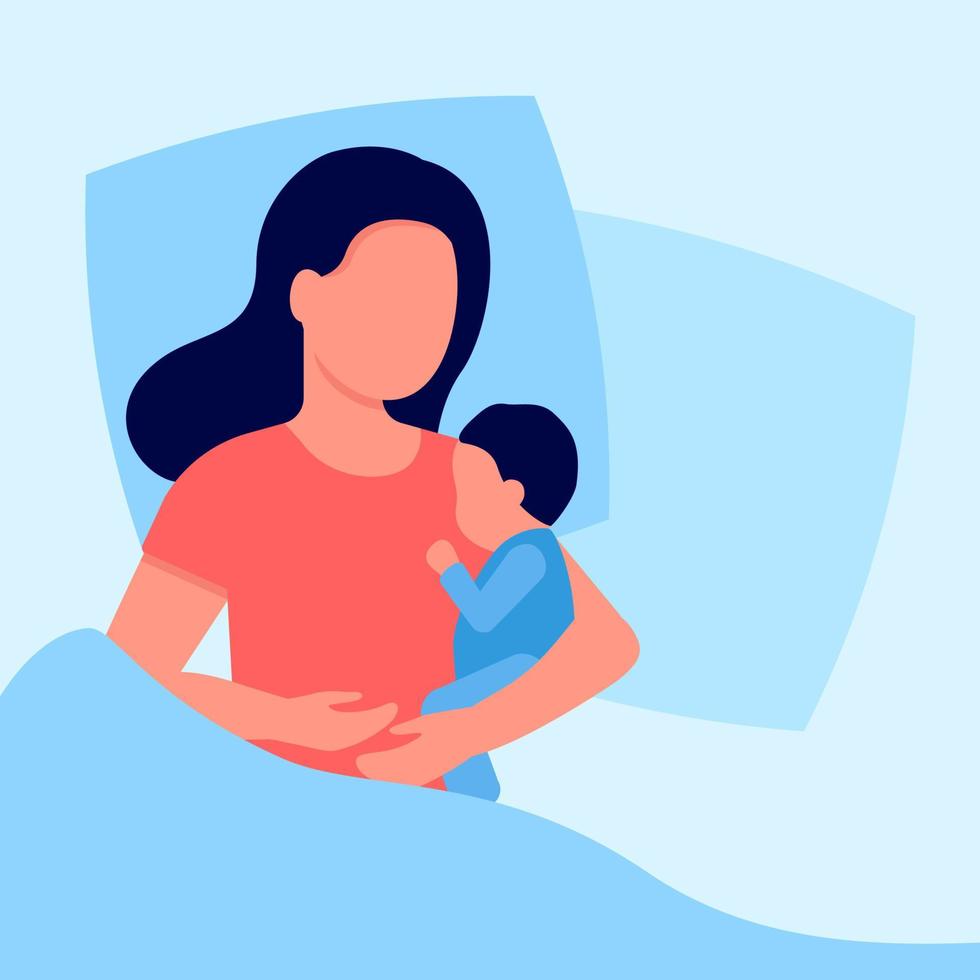 mamma sover med sitt nyfödda barn i sängen. familjeomsorg för barn och komfortavslappning. amning, moderskap. kvinna sova tillsammans med barn. vektor illustration