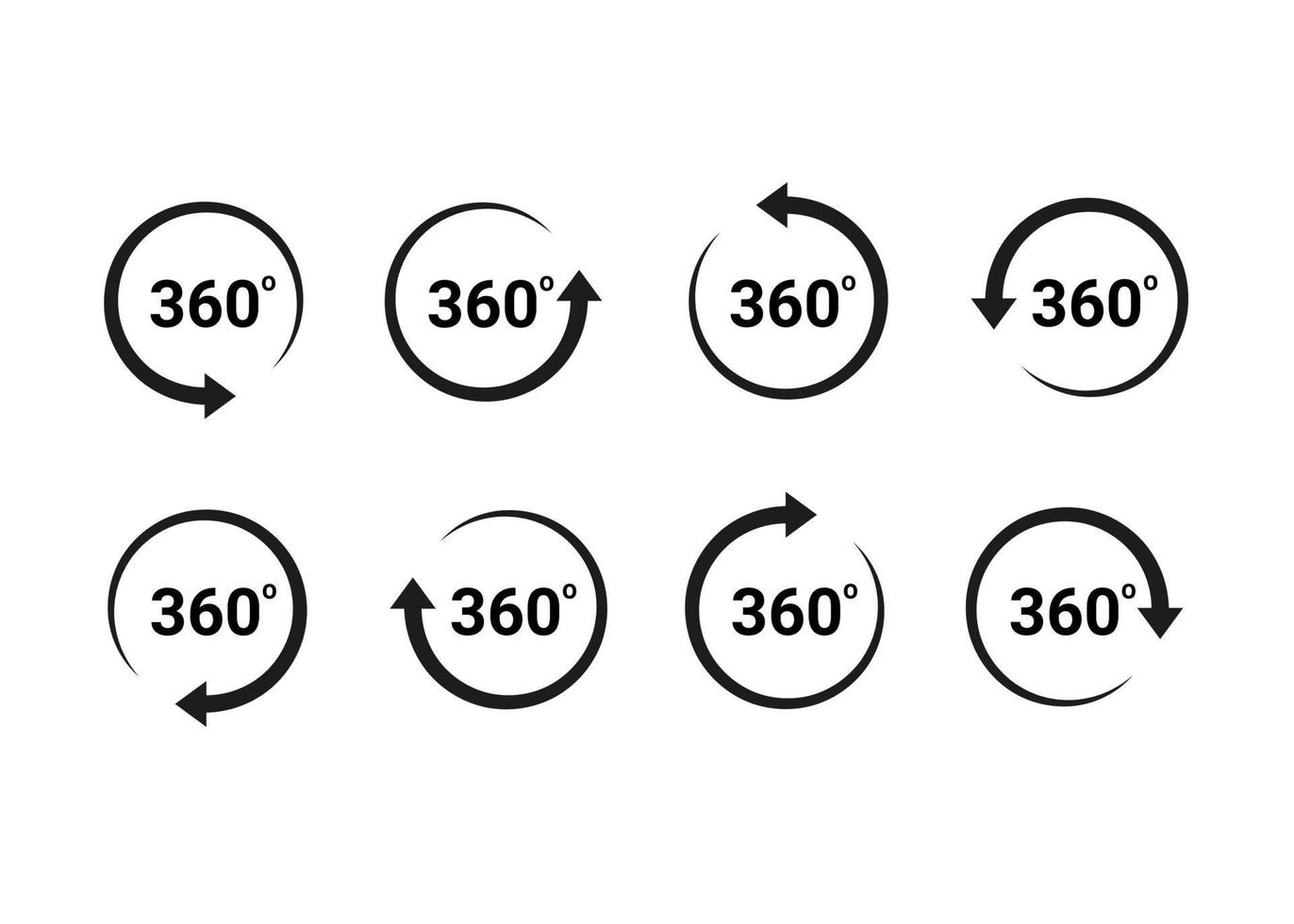 360 graders pil, rotera runt set-ikonen. cirkel tecken vy med pilar rotation till 360 grader. rotera cykel, cirkulär rörlig symbol. vektor tecken illustration
