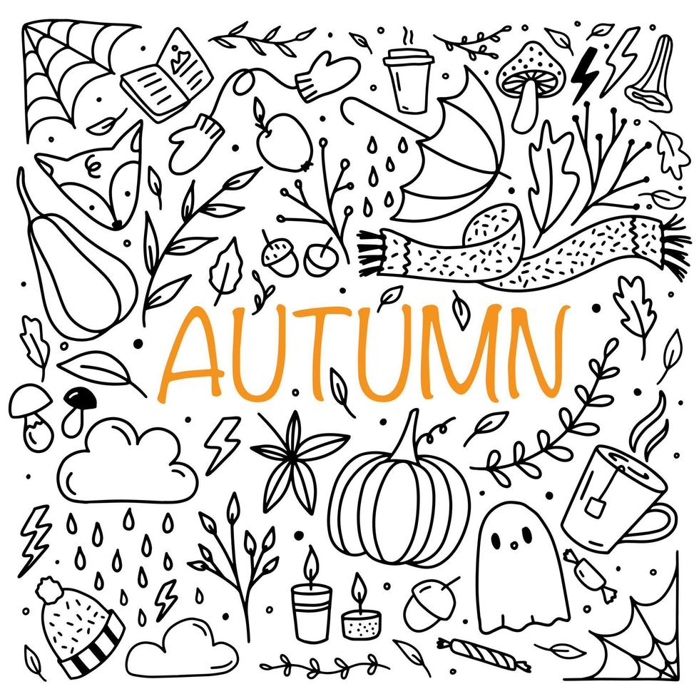 Herbst-Doodle-Set. Schal, Tee, Pilze, Blätter, Kürbisse, Eichel, Fuchs, Blumenkranz, Kerzen. herbstsaisonelemente perfekt für einklebebuch, karte, poster, einladung, aufkleberkit. Vektor-Illustration vektor