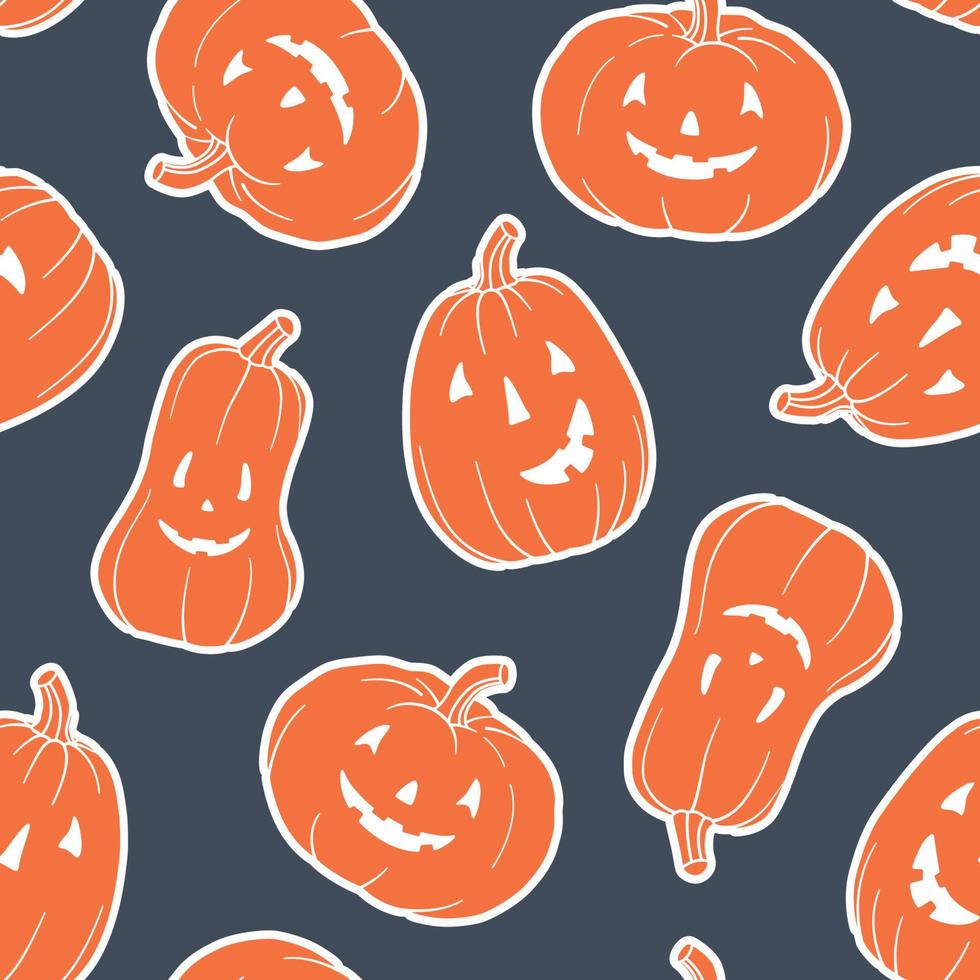 Muster Kürbisse. Hauptsymbol von Halloween. Oranger Kürbis mit verschiedenen lustigen Gesichtern. Vorlage für Ihr Design. hand gezeichnetes nahtloses muster des modischen vektors. quadratischer Hintergrund, Tapete vektor