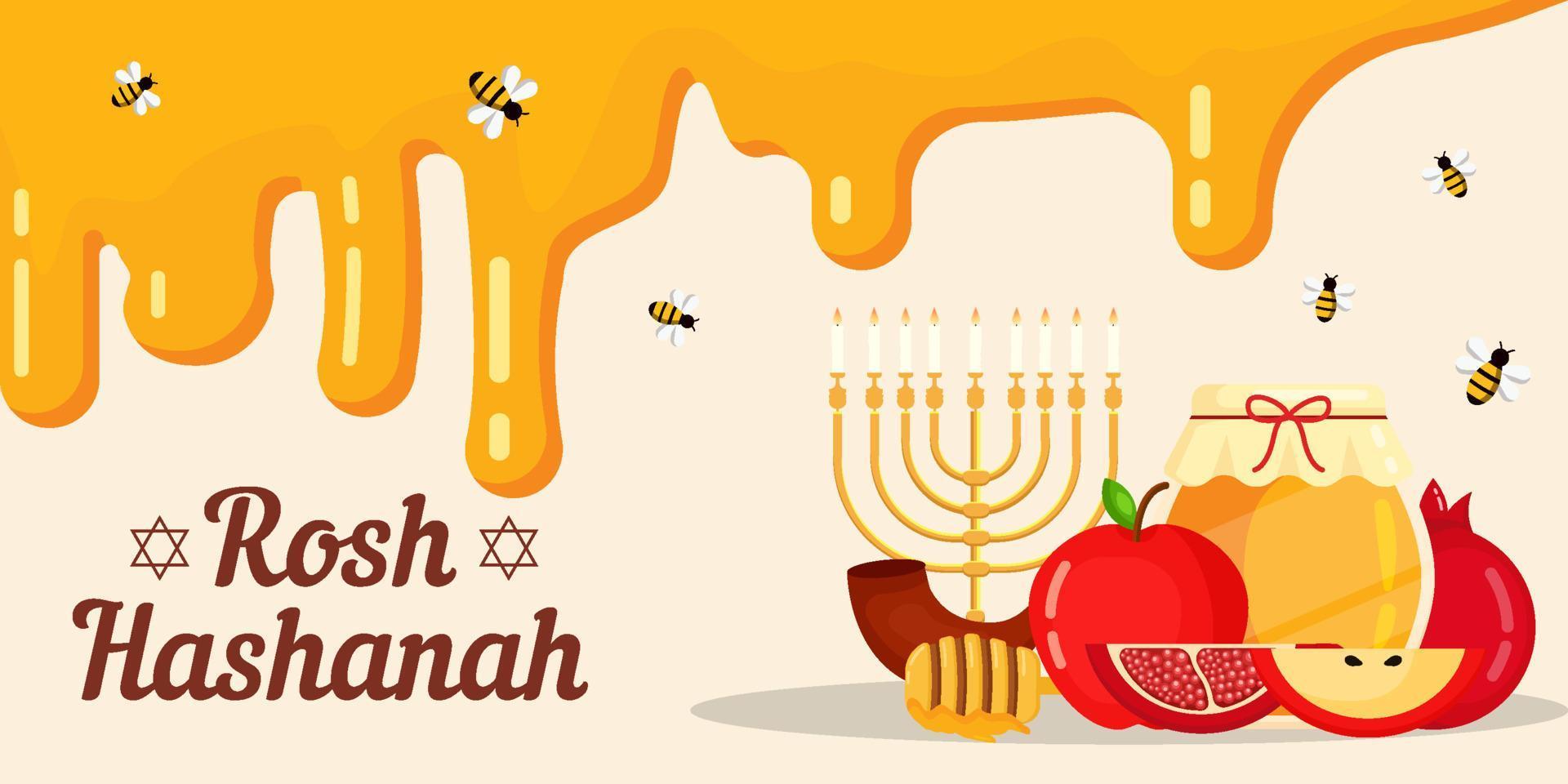 platt rosh hashanah bakgrundsillustration med smält honung, frukter och bi vektor