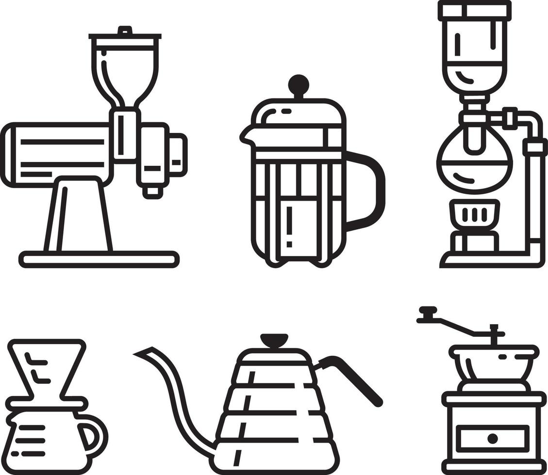 kaffebryggare från kaffekvarnar, vattenkokare, kolv eller fransk press, sifon och v60 dropp. vektor