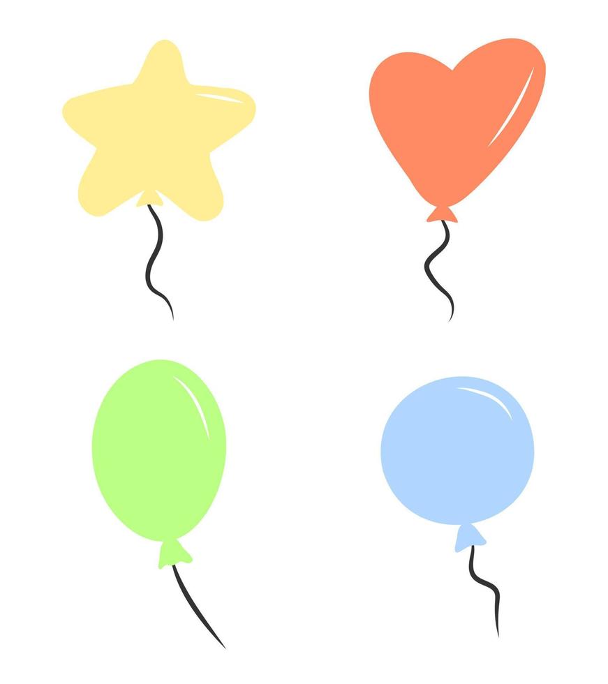 enkel doodle luftballong Ikonuppsättning isolerad på vit bakgrund. hjärta, stjärna och cirkelform. platt tecknad siluett. födelsedagsfest gratulationskort mall. vektor
