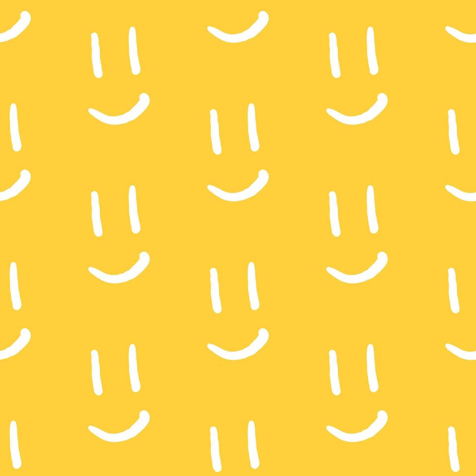 abstraktes Gekritzel nahtloses Muster mit Lächeln Emoji. Vektor einfache Stoffdruckvorlage mit handgezeichnetem Gesichtssymbol. trendiger gelber hintergrund für kinder.