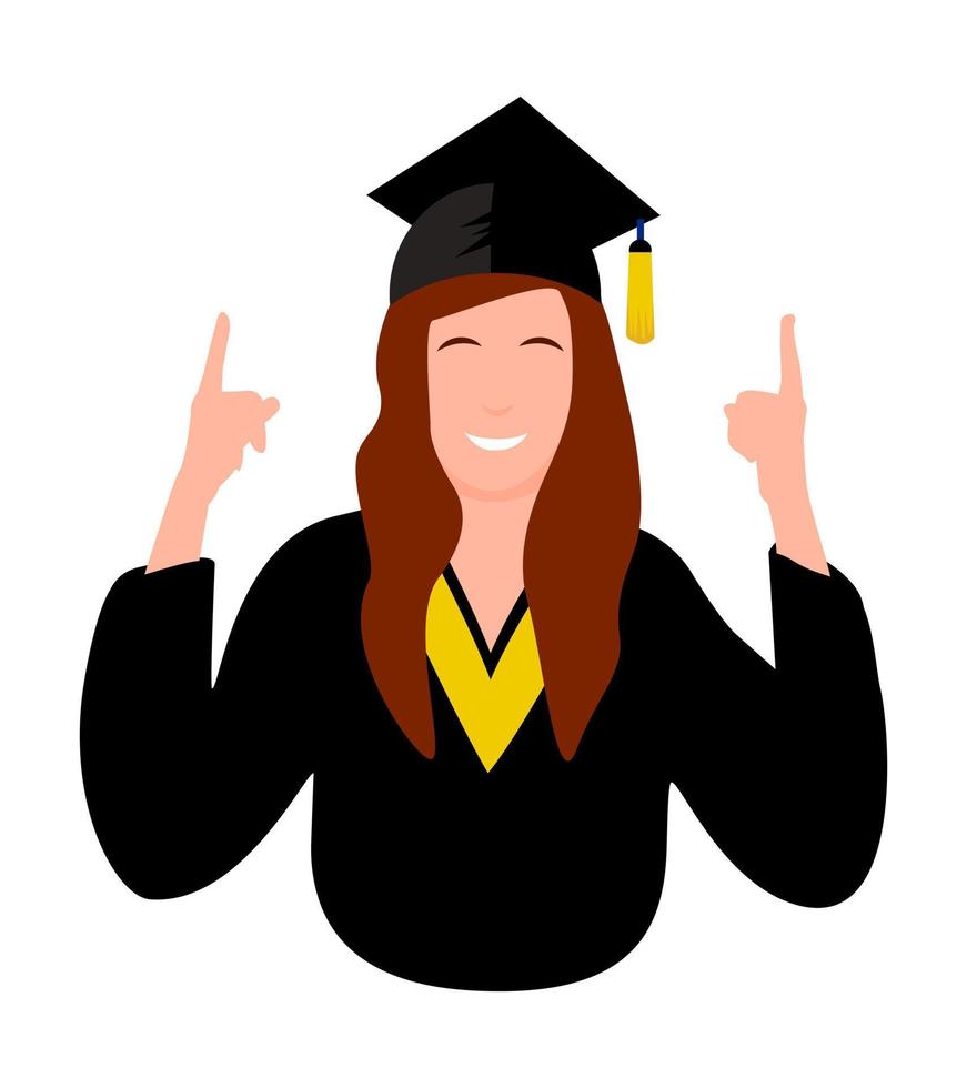 Graduiertenmädchenfigur, Vektorstudentin in schwarzer Robe und Mütze, Hochschulbildungskonzept, Abschlusszeremonieabnutzung, fröhliche glückliche Person isoliert auf weißem Hintergrund. vektor