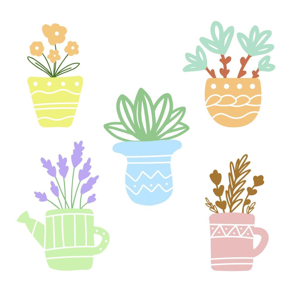 Blume im Blumentopf isoliert Icon-Set. einfache doodle handgezeichnete botanische vektorillustration. schöne Zimmerpflanze. vektor