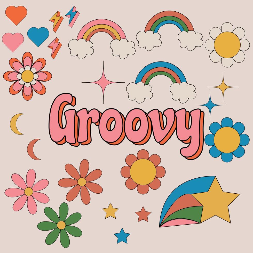 retro 70-tal hippie klistermärken, psykedeliska groovy element. tecknad funky svamp, blommor, regnbåge, vintage hippy stil element vektor set. dekorativ discoboll, flygduva och körsbär