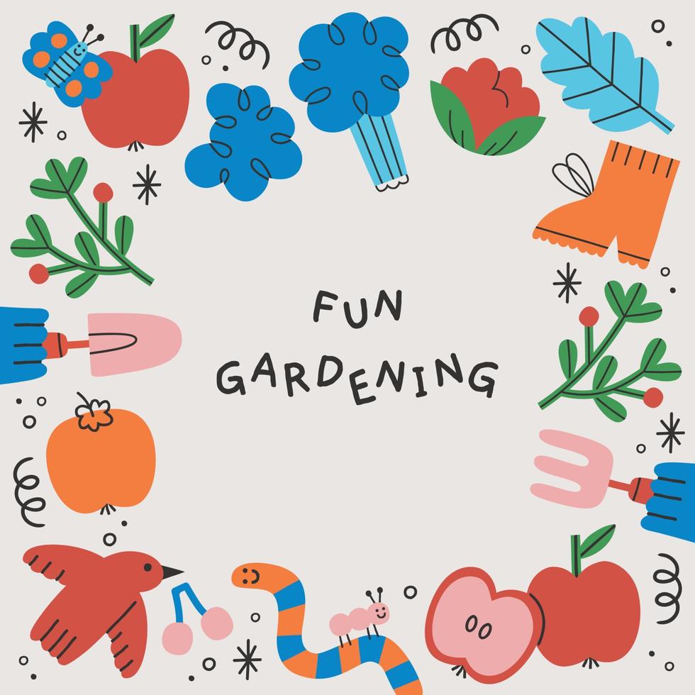 frukt, grönsaker och trädgårdsredskap färgglad dekorativ ram i söt handritad stil. illustration kant för printkort eller inbjudan vektor