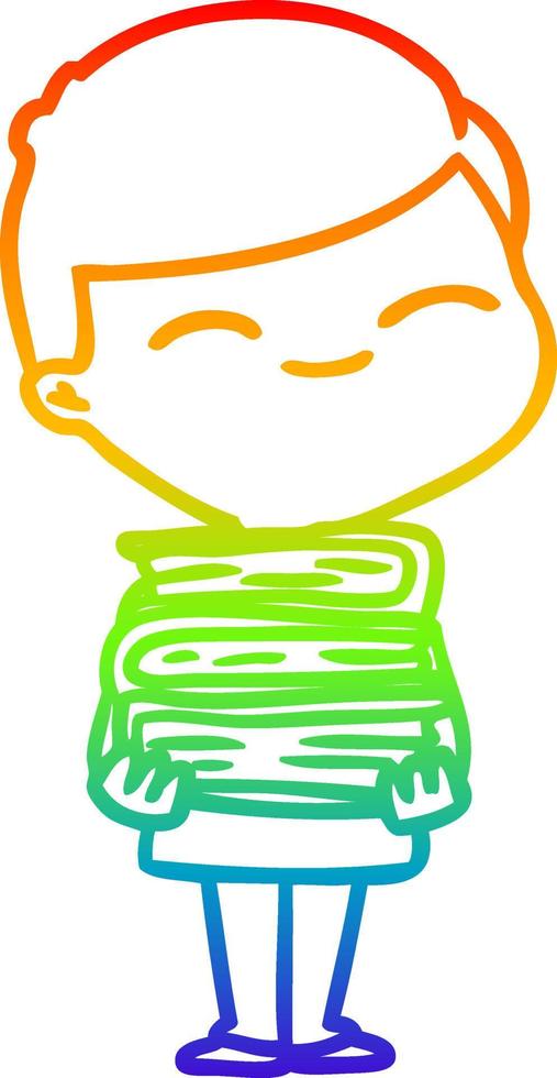 Regenbogen-Gradientenlinie Zeichnung Cartoon lächelnder Junge mit Stapel Bücher vektor