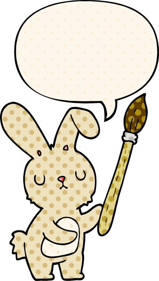 tecknad kanin och pensel och pratbubbla i serietidningsstil vektor