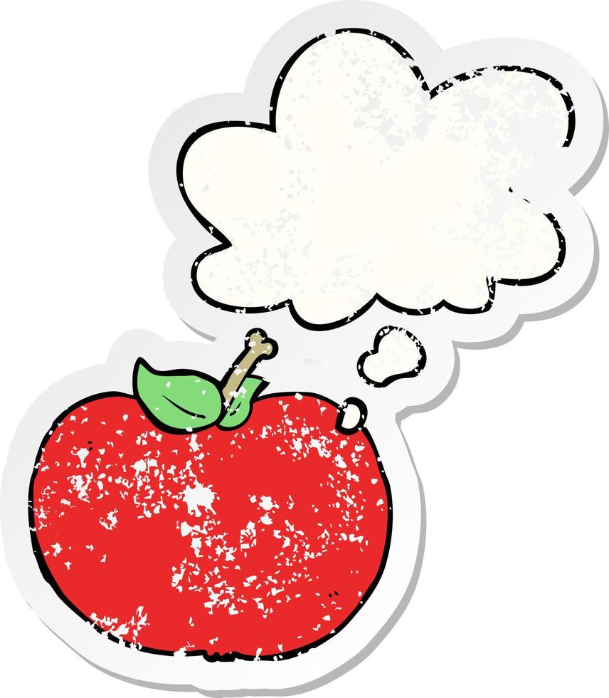 tecknat äpple och tankebubbla som ett bekymrat slitet klistermärke vektor