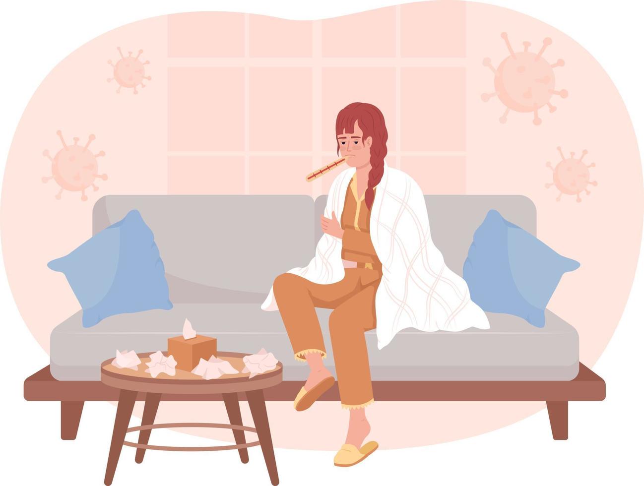 frau mit grippe sitzt auf dem sofa 2d-vektor isolierte illustration. gefährliches Virus. flacher charakter der infektion auf karikaturhintergrund. kalte bunte editierbare szene für handy, website, präsentation vektor