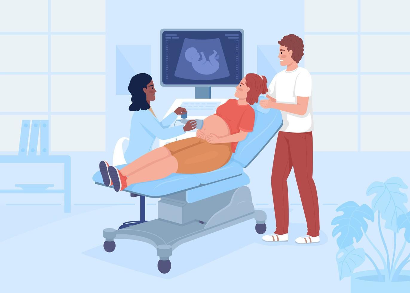 gravid kvinna med make vid sonogram scanning platt färg vektorillustration. undersökning. prenatal sonogram. helt redigerbara 2d enkla seriefigurer med klinik i bakgrunden vektor