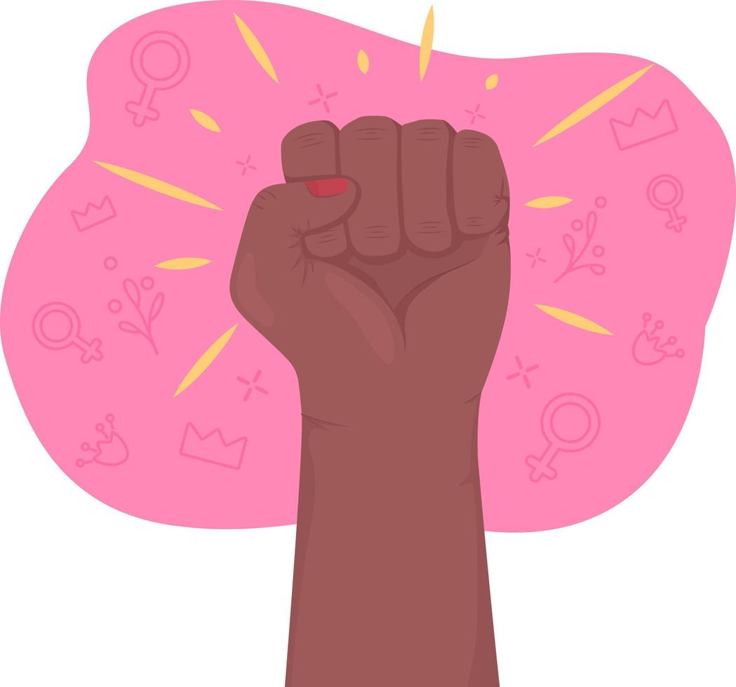 feministisk rörelse 2d vektor isolerad illustration. upphöjd knytnäve platt hand gest på tecknad bakgrund. kämpar för lika rättigheter färgglad redigerbar scen för mobil, hemsida, presentation