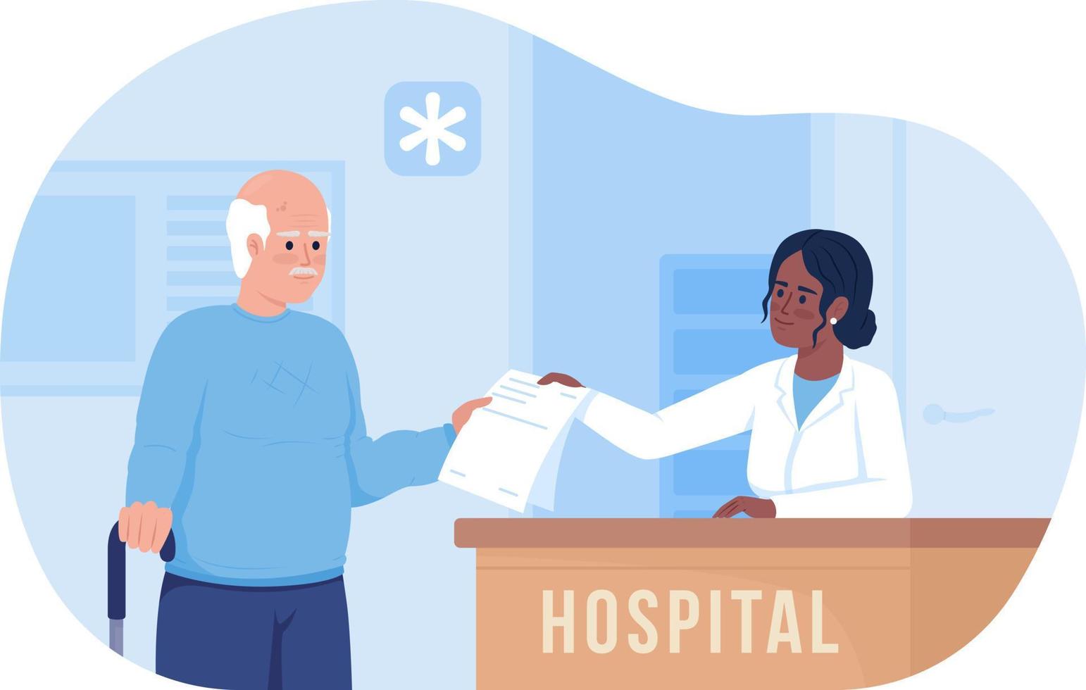 senior man besöker sjukhus 2d vektor isolerad illustration. sjukvård platt tecken på tecknad bakgrund. färgglad redigerbar scen för mobil, hemsida, presentation