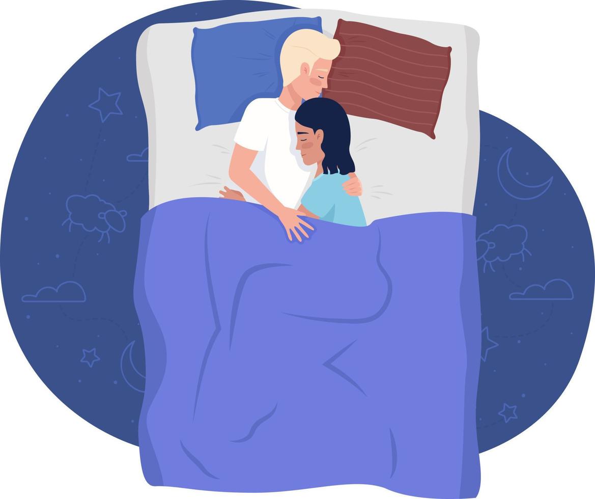 Umarmung von Mann und Frau, die im Bett schlafen 2D-Vektor isolierte Illustration. flache charaktere der liebesbeziehung auf karikaturhintergrund. romantische bunte editierbare szene für handy, website, präsentation vektor