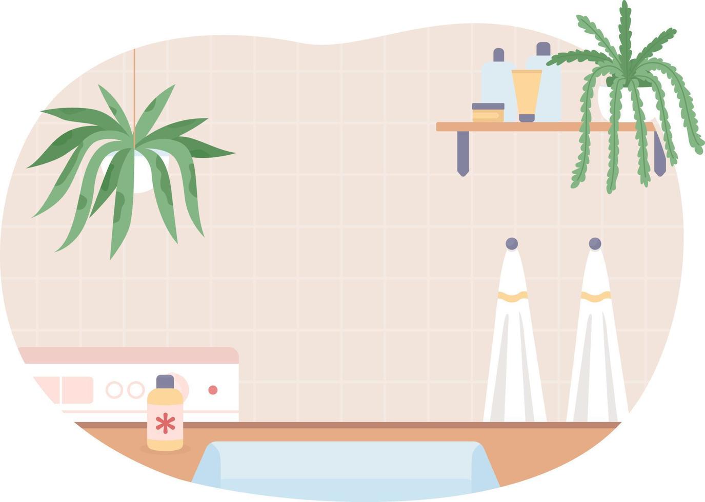 sauberes badezimmer mit zimmerpflanzen 2d-vektor isolierte illustration. heimisches Design. zimmer dekor. flaches hausinneres auf karikaturhintergrund. bunte editierbare szene für handy, website, präsentation vektor