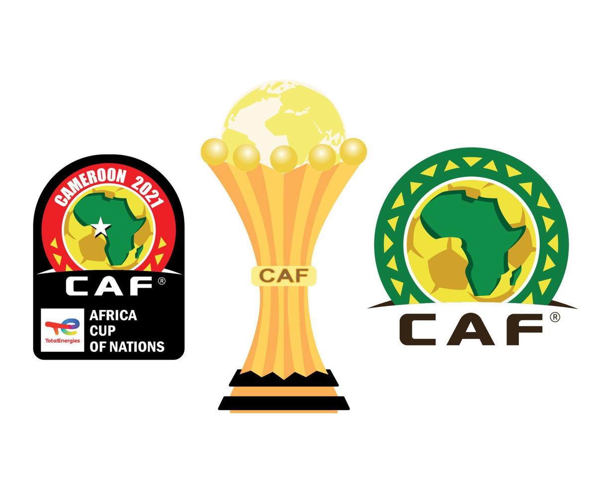 kann kamerun 2021 logo, cafésymbol und afrikanische pokalfußballtrophäe designvektorillustration vektor