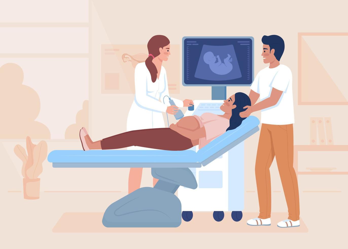 sonogram av gravid kvinna platt färg vektorillustration. familjebesöksläkare. ultraljudsskanning. mödravård. helt redigerbara 2d enkla seriefigurer med sjukhus i bakgrunden vektor