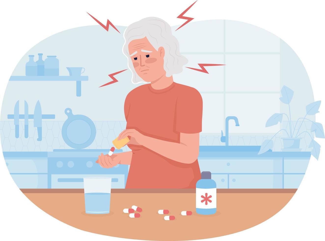 gammal kvinna med migrän som tar medicin 2d vektor isolerad illustration. smärtstillande platt karaktär på tecknad bakgrund. hälsa färgglada redigerbara scen för mobil, hemsida, presentation
