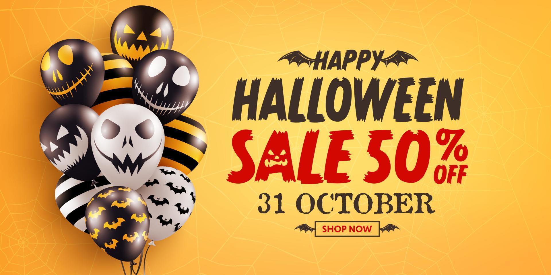 halloween rea marknadsföring affisch eller banderoll med halloween spöke ballonger på orange bakgrund. skrämmande luft ballonger. webbplats spöklik, bakgrund eller banner halloween mall. vektor